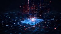 Glowing microchip with digital network connections in dark blue background, red light points and circuit paths forming futuristic technology visualization.