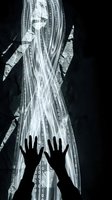 Human hands reaching toward flowing digital data stream with binary code in dramatic black and white composition for technology and connectivity concepts.