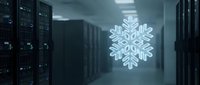 Modern data center server room with glowing snowflake hologram symbolizing cloud computing and digital winter technology solutions for business infrastructure.