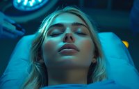 Young blonde woman lying on medical bed under surgical lamp in operating room with eyes closed, dramatic blue lighting creates moody atmosphere for healthcare concept.