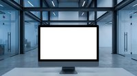 Modern computer monitor with blank white screen in contemporary office space with glass walls and industrial ceiling design for mockup presentations.