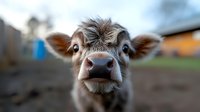 Close up portrait of young brown calf looking directly at camera with curious expression, soft fuzzy fur and large eyes against blurred farm background.