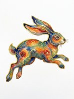 Ornate decorative rabbit in mid-leap with vibrant floral patterns, gold accents, and intricate detailing. Isolated on transparent background, ready for t-shirts, stickers, sublimation, and print-on-demand designs.
