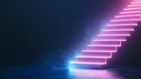 Glowing neon pink stairs ascending into darkness with blue light reflection on wet floor surface creating futuristic minimalist composition.