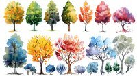 Watercolor collection of seasonal trees showing colorful foliage from spring to autumn, with various sizes and shapes for landscape design.