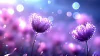 Magical purple tulips with sparkling dew drops against blurred bokeh background in dreamy morning light, creating ethereal garden atmosphere.
