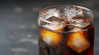 Cold cola drink with ice cubes in glass on dark background with condensation droplets and bubbles. Fresh carbonated beverage for restaurant menu.