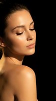 Young Caucasian woman with glowing skin in golden sunlight against black background for beauty and skincare advertising campaigns.