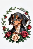 Dachshund puppy portrait surrounded by red and cream roses with green leaves wreath on white isolated background. For cards and prints.