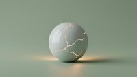 Cracked sphere with gold kintsugi repair lines on soft sage background, symbolizing resilience and healing for design and wellness concepts.