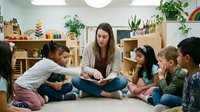 Young Caucasian female teacher reads aloud to diverse group of children sitting on floor in colorful, well-equipped preschool classroom.
