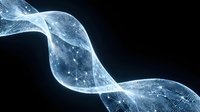 Glowing digital wave with connected particles and network nodes flowing across dark background, representing data flow, technology, and innovation.