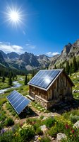 Rustic wooden cabin with solar panels in alpine mountain valley surrounded by evergreen forest, stream, and wildflowers under bright sunny sky for renewable energy and sustainable living concepts.