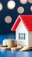 Miniature house model with red roof and stacked golden coins representing real estate investment, mortgage savings, property financing and home buying concept.