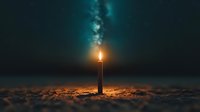 Single burning candle illuminates darkness with warm golden flame, creating mystical atmosphere with ethereal smoke rising against deep teal background for meditation concepts.