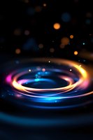 Glowing spiral light trail with blue and orange neon colors on dark background, abstract cosmic energy swirl effect with bokeh particles.