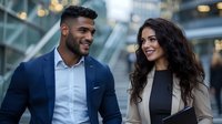 Young diverse business professionals walking together and smiling in modern office building environment, displaying confidence and success in corporate setting.