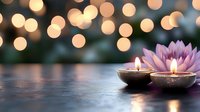 Spa wellness scene with lotus flower and burning candle on wooden surface against warm bokeh lights background for relaxation and meditation concepts.