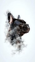 Black French Bulldog profile portrait with smoky effect on white background, artistic watercolor style pet illustration for wall art and home decor.