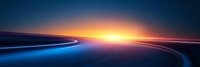 Glowing horizon line with curved light trails against dark blue sky creates futuristic abstract landscape at sunset, motion and speed concept background.