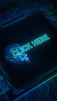Glowing neon click here text with cursor on dark circuit board background, futuristic digital technology concept for web and UI design.
