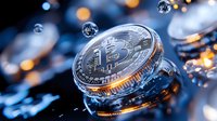 Shiny metallic bitcoin coins with water drops and bokeh lights in blue tones, macro photography showing cryptocurrency details and reflective surface.