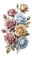 Vintage watercolor roses bouquet in pastel colors with buds and leaves isolated on white background for wedding invitations and romantic designs.