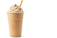 Creamy coffee milkshake topped with whipped cream and caramel drizzle in disposable cup with straw on white background, isolated beverage for menu design.
