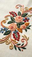 Elegant floral embroidery with roses and berries on cream fabric showcasing traditional needlework craftsmanship for textile and fashion design projects.