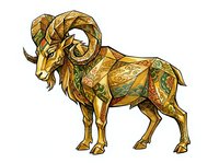Ornate golden ram with decorative saddle and intricate patterns, isolated on white background. Suitable for clipart, design projects, textiles, and merchandise applications.