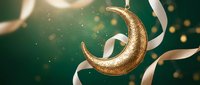 Golden crescent moon ornament with flowing ribbons on emerald background with bokeh lights for festive holiday decoration and celebration designs.