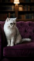 Adorable silver tabby kitten sitting on purple velvet sofa in cozy library interior with warm lighting and bookshelves creating homey atmosphere.