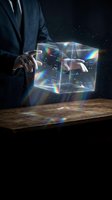 Businessman in dark suit holding transparent holographic cube with rainbow light prism effects and cityscape reflection for technology and innovation concepts.