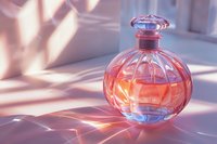 Elegant round perfume bottle with pink liquid catching morning light and casting geometric shadows. Luxury cosmetic still life with window reflections.