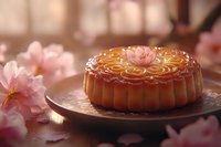 Traditional mooncake with ornate pattern served on dark plate amid pink cherry blossoms, creating atmospheric Asian festive mood in warm lighting.