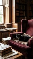 Cozy home library interior with tabby cat resting on burgundy velvet armchair surrounded by vintage books and warm natural light from window.