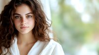 Young Caucasian woman with natural curly brown hair and green eyes wearing white bathrobe against blurred green background, looking at camera with fresh glowing skin.