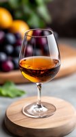 Elegant wine glass filled with amber liquid on wooden board with fresh fruits in background for luxury dining and beverage photography.