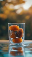 Fresh dates in clear glass with natural bokeh background and water reflection, soft evening lighting creates warm atmosphere for healthy snack photography.