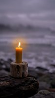 Beeswax candle burning in rustic wooden holder on driftwood by ocean shore at twilight creating warm atmospheric glow against purple sky for meditation and relaxation.