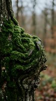 Close-up of vibrant green moss growing on textured tree bark in forest. Natural organic patterns and textures showcase woodland ecosystem and botanical details.