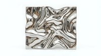 Liquid marble swirl pattern with metallic gold and silver tones creating an abstract fluid design on white background, suitable for wallpaper and textile applications.