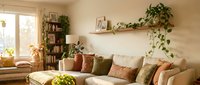 Cozy living room with cream sofa, decorative pillows, potted plants, wooden shelves, and natural light from window for home decor inspiration.
