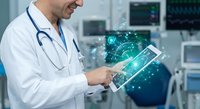 Male doctor using digital tablet with holographic medical data interface in modern hospital setting for healthcare technology and telemedicine applications.
