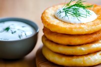 Golden potato pancakes stacked on wooden board with sour cream and fresh dill garnish, served with creamy sauce in gray bowl, traditional comfort food.