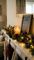 Cozy Christmas mantel with glowing candle, pine cones, red berries, fairy lights, garland, stockings, and a chalkboard sign with the word Love.