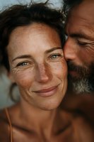 Close-up portrait of happy mature couple embracing outdoors with natural freckled skin and genuine smiles showing love and intimacy in golden sunlight.