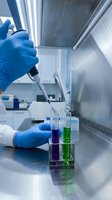 Laboratory scientist in blue gloves using pipette with colorful chemical solutions in test tubes under sterile hood for research and analysis.