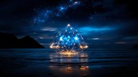 Glowing geometric pyramid with cosmic energy floating over calm ocean at night, mystical blue light reflecting on water surface against starry sky and mountains.