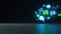Digital communication network with glowing email and message icons floating above modern surface for business technology and connectivity concepts.